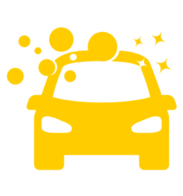 Automobilio priekio grafika, virš kurio burbulai ir žvaigždės, imituojančios automobilio švarą.