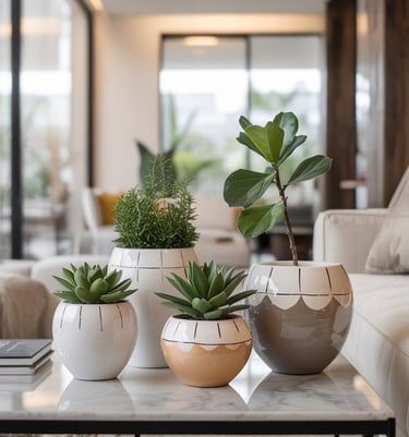 a coffee table with hand painted flower pots