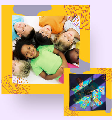 Two images of a group of children smiling and yoga pose cards for a game.