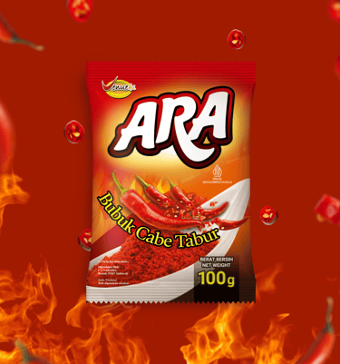 ARA  Bubuk Cabe Tabur 100g spicy chili flakes seasoning packet with red chili peppers and flames