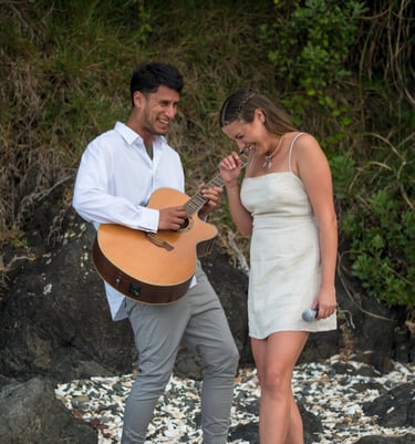 soulfultina and guitarist having a laugh at photoshoot
