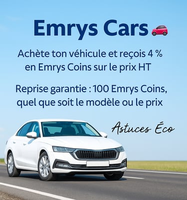 Visuel promotionnel Emrys Cars montrant une voiture moderne sur une route avec un ciel bleu, présentant le service Emrys qui