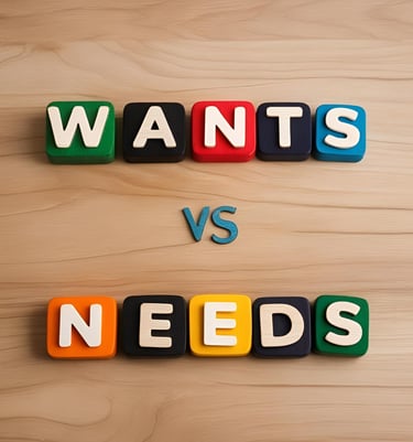 Art deco image of the words wants vs. needs