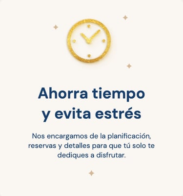 Gold glitter clock icon with Spanish text about saving time and stress-free event planning services.