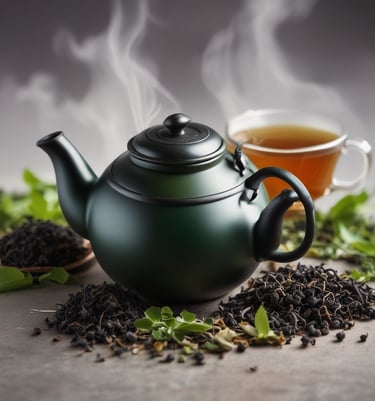 théière et tasse avec thé fumant