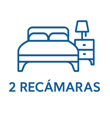 Ícono azul de cama con buró que representa departamento con 2 recámaras, diseño ilustrativo