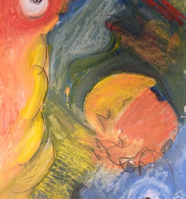Tidal — red, yellow and blue circular forms suggesting tidal or planetary movement, by Zanda