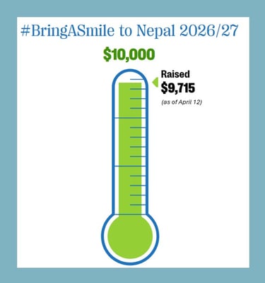 A fundraising thermometer showing $9,715 raised toward a $10,000 goal for BringASmile to Nepal 2026/27.
