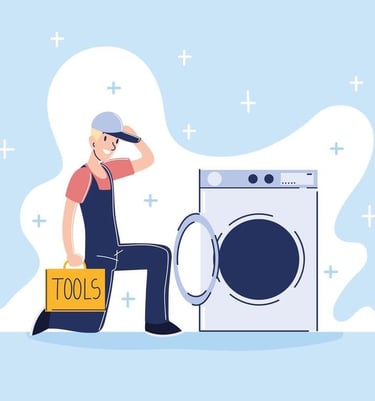a man in overalls and a hat with a toolbox on it