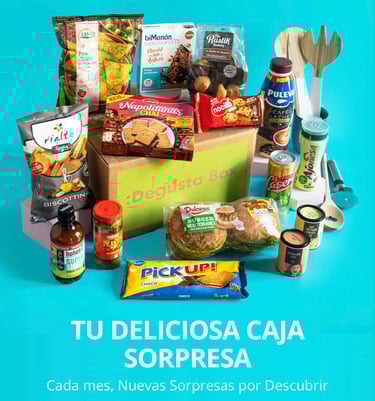 a box of food and snacks on a blue background