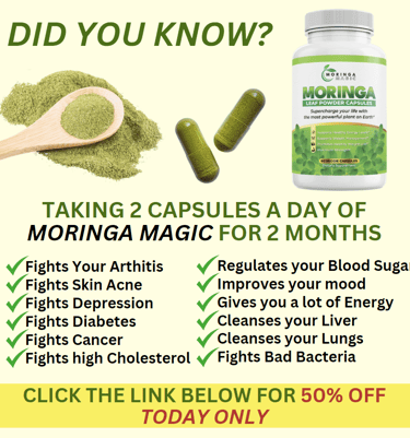 an image of moringa supplement and a list of health benefits