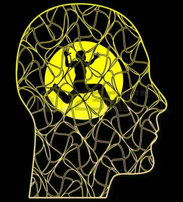 Tête humaine artificielle quadrillée jaune bonhomme qui court dedans symbolique de crise de panique