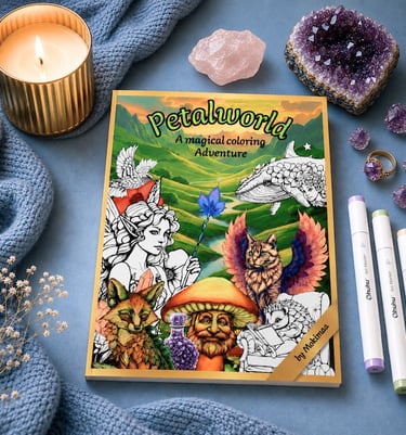 Petalworld coloring book: fairies, cute animal friends, mushrooms, cosy forest and ocean scenes