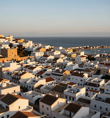 Wide panoramic aerial view of Tangier's coastal neighborhoods at golden hour, dense white-walled medina rooftops cascading toward the Mediterranean, the port visible in the far right third, warm amber light raking across terracotta tiles, expansive sky above