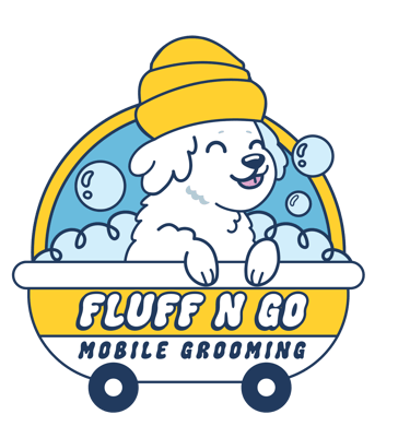 Fluff N Go logo with a fluffy white dog bathing in a yellow bathtub with bubbles around him