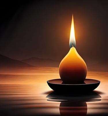 Illustration of a lit candle on a body of water, with mountains in the background