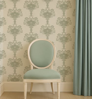 Heirloom Urns wallpaper in Garden Sage, paired with sage green chair and curtain for a coordinated cottage interior.