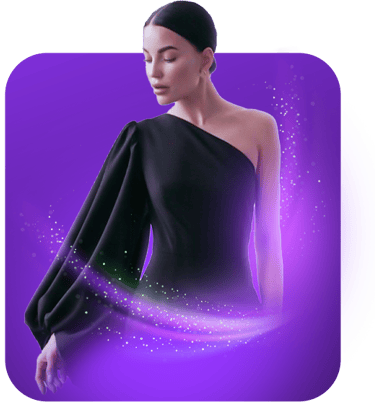 a woman in a black dress with a purple background
