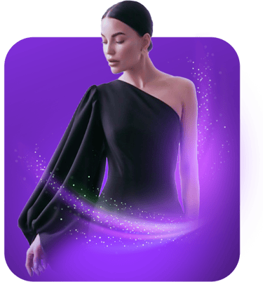 a woman in a black dress with a purple background
