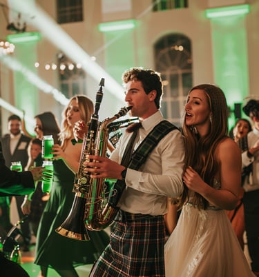 a man and woman playing instruments in a room