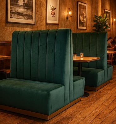 Custom green velvet banquette seating in a modern rustic restaurant with chandeliers and wood floors by Solo Home Decor.