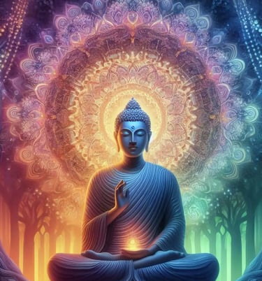 Photo of a sitting buddha statue, with multi-colored lights and patterns surrounding it