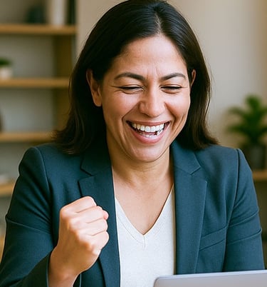 Latina businesswoman in her 40s celebrating success while looking at her laptop in a office