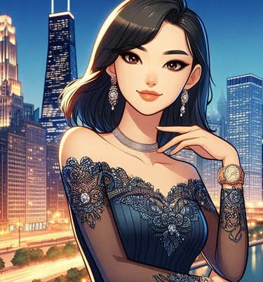 Kimberly Lee, Korean daughter of a corporate giant, exudes edgy sophistication as a chic socialite.