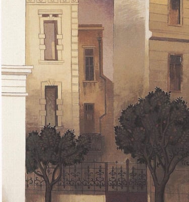 a painting of a city street scene with buildings