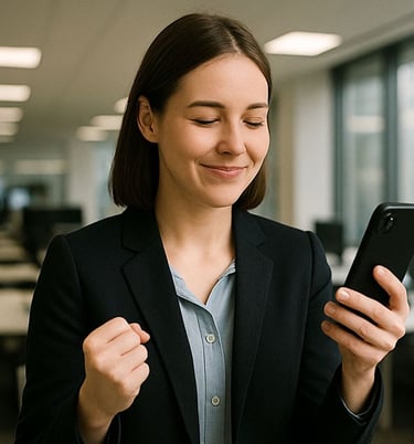 Professional woman celebrating good news while looking at her phone in a modern office setting