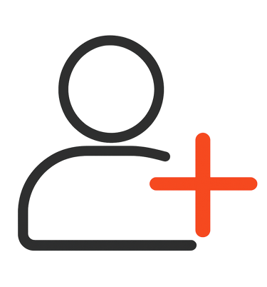 Outline icon of a person with an orange plus sign, representing account creation.