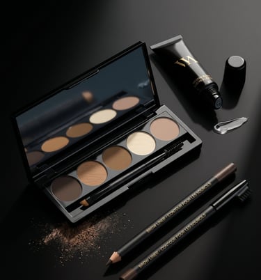 Professional eyebrow makeup kit with a five-color powder palette, brow liner pencils, and clear styling gel.