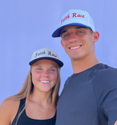 Nate and Grace Phillips wearing Faith Race hats