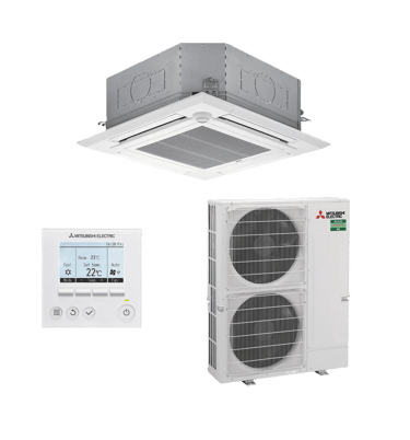 Mitsubishi Electric cassette air conditioner system with outdoor unit and digital wall controller.