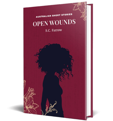 3D cover of a crimson-coloured book cover featuring the silhouette of a woman with a mop of wavy hair and line art flowers