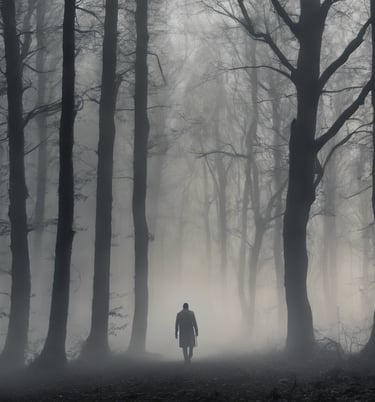 Man walking through a foggy woods