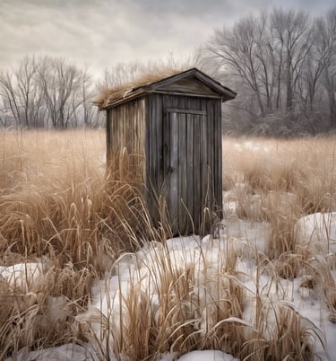 Old outhouse in the middle of a snowy field