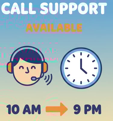 Customer support availability graphic showing call center hours from 10 AM to 9 PM.