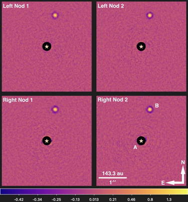 4-panel figure showing a directly imaged brown dwarf companion as observed by the Large Binocular Telescope.