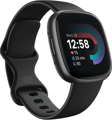 Black fitness tracker smartwatch with digital display showing heart rate and sleep data.