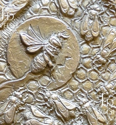 Honey - Bees in organic hive - Japanese inspired bronze relief sculpture - Jeremiah D Welsh