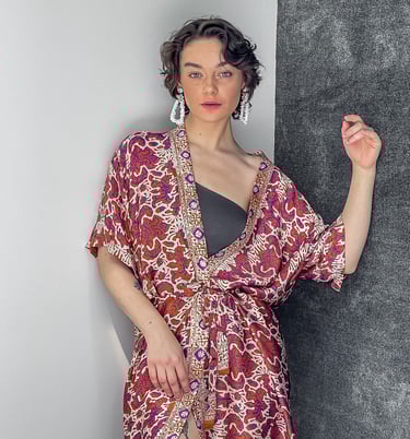 PATTERNED ORANGE SILK KIMONO COVER UP BEACH STYLE