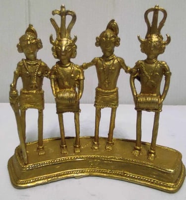 "Gold-painted brass sculpture of four tribal dancers–handcrafted Bastar ethnic decor-Export-standard"