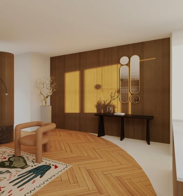 Entrée d'un loft minimaliste, aux tons neutres et matériaux nobles