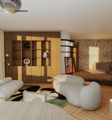 Salon d'un loft minimaliste, aux tons neutres et matériaux nobles