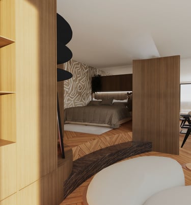 Chambre d'un loft minimaliste, aux tons neutres et matériaux nobles