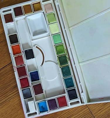 A white tray case of cake watercolors. 