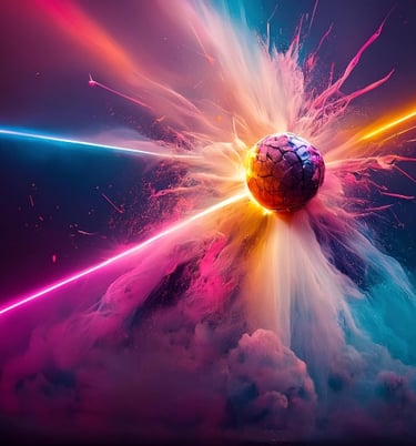 a 3d energised ball in the sky with a colorful light and blasting smoke