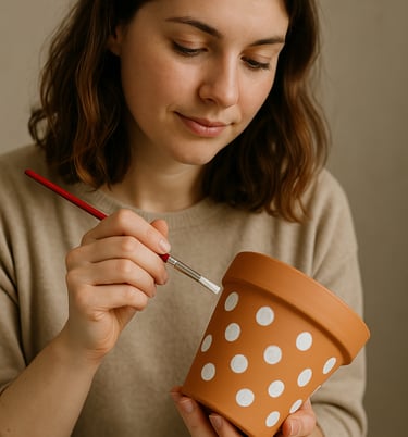 woman at hen party paint a plant pot with polka dots
