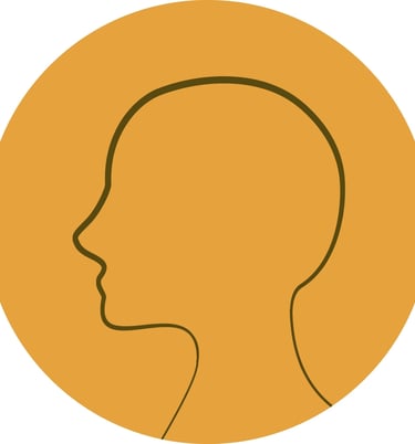 Minimalist outline icon of a human head silhouette profile on a round yellow background.